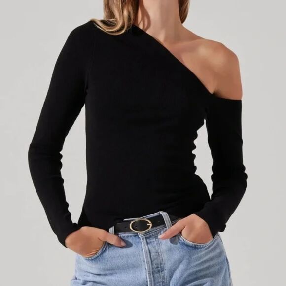 ASTR The Label Asymmetric One-Shoulder Sweater Top Black XL‎ NWT - Picture 1 of 3